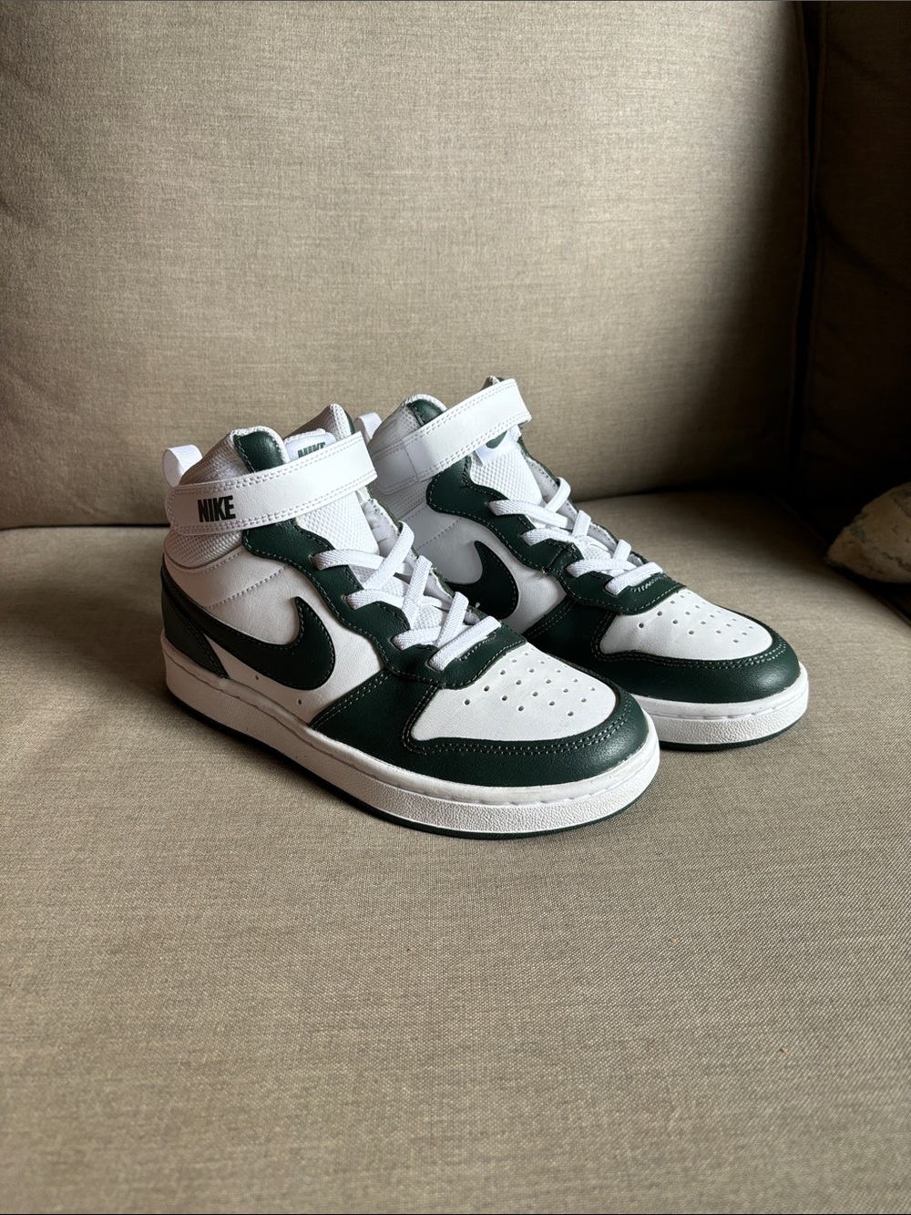 Nike White & Dark Green High-Top Sneakers with Strap